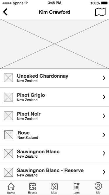 Kim Crawford wine list wireframe